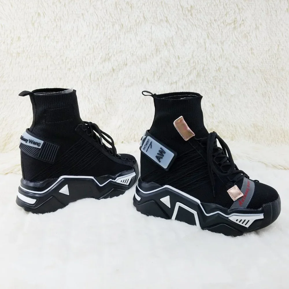 Wang Damson Black Knit Pull On Platform Sneaker Boots 4" Hidden Wedge NIB_8
